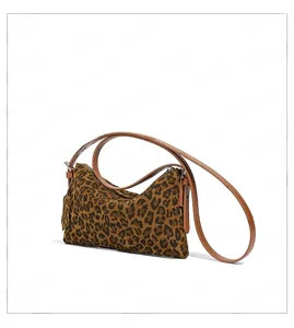 Close-up of leopard print fabric texture and leather shoulder strap on this stylish bag