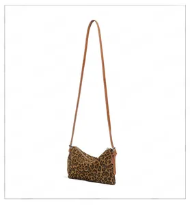 Detail of leopard print crossbody bag with sleek synthetic leather strap and zipper closure