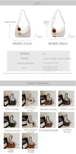 Detailed size specifications and color comparison for PU leather crescent crossbody bags