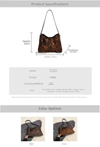 Size specifications and color comparison of the leopard print PU suede tote bag