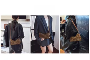 Three perspectives showing leopard print crossbody bag with wavy edges and leather strap
