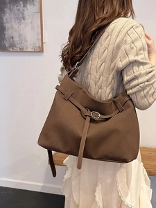 Brown minimalist large capacity faux suede tote bag with stylish silver buckle details