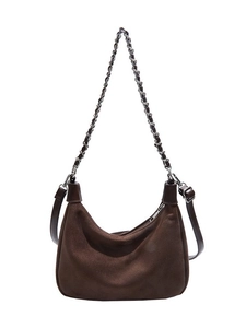 Dark brown suede hobo bag with silver chain strap and adjustable leather crossbody strap