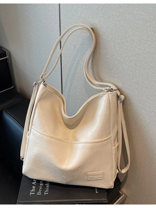 Retro cream white large capacity tote bag with soft pleated leather and dual front pockets