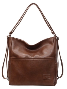 Retro dark brown PU leather tote bag with multi-pocket design and versatile shoulder straps