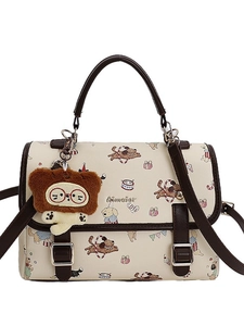 Sac fourre-tout crème avec imprimé chiot marron et breloque ours en peluche pour femme