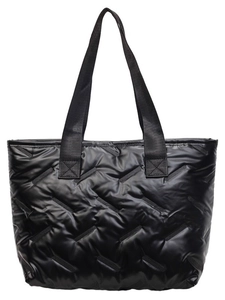 Black quilted puffer tote bag in glossy nylon fabric for daily use and commuting