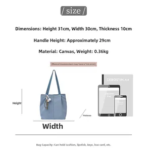 Detailed size specifications for blue canvas tote bag showing height width and depth dimensions