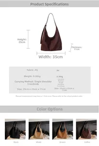 Tableau des tailles et options de couleurs pour grand sac hobo en daim bandoulière