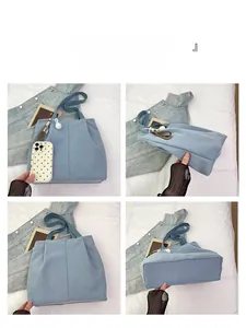 Detailed multi-angle view of a spacious light blue canvas tote bag showing structure