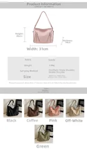 Detailed size chart for faux suede tote bag with 31cm width and multifunctional strap info