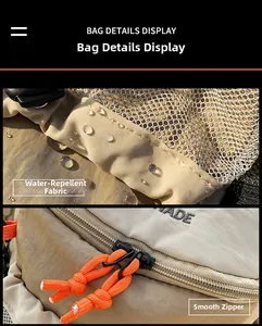 Détail du tissu kaki imperméable et du système de fermeture orange pour sac de randonnée