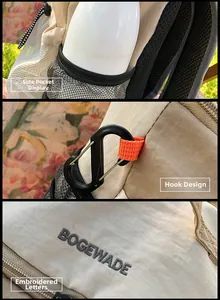 Détail d'un sac à dos montrant la poche latérale en filet et le mousqueton extérieur