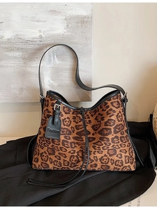 Vintage leopard print shoulder bag in frosted fabric with leather trim for women