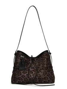 Classic leopard print large tote bag with black shoulder straps and drawstring closure