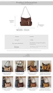 Detailed spec sheet showing suede hobo bag dimensions and multi-color options with charms