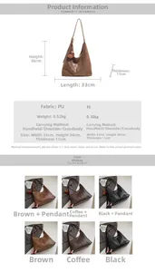 Detailed view of large capacity PU bucket bag with dimensions and tassel charm details