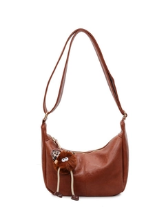Brown vintage wax PU leather shoulder bag with plush doll charm and long strap