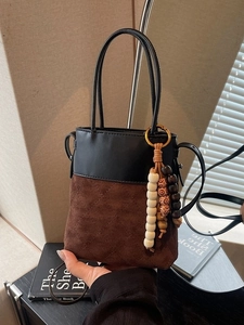Vintage Quilted Suede Bucket Bag Women Fashion Color Block Crossbody Handbag With Wooden Beads Pendant Small Daily Shoulder Bag
