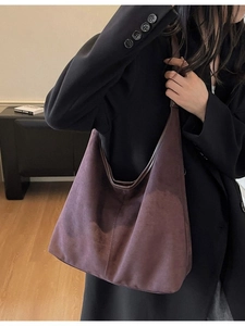 Large vintage suede tote bag in dark coffee color with minimalist shoulder strap design