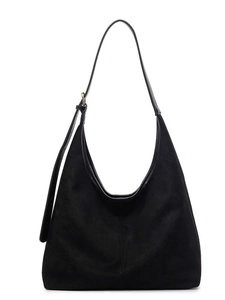 Black faux suede hobo bag with adjustable leather strap and minimalist half-moon shape