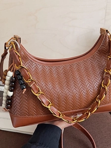Vintage Women Faux Suede PU Leather Hobo Bag Large Capacity Woven Crossbody Bag With Chain Strap And Beaded Pendant Daily Bag