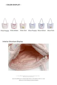 Detailed interior zip pocket and quilted canvas tote bags with animal embroidery