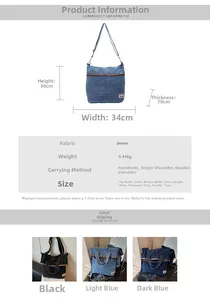 Detail showing denim canvas tote bag dimensions and texture in black, blue, and light blue