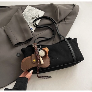Women Suede Shoulder Bag With Baseball Charms Urban Minimalist Solid Color Large Capacity Retro Matte Underarm Tote Bag