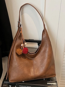 Large Capacity PU Leather Hobo Tote Bag For Women Vintage Topstitching Shoulder Crossbody Bag With Pom Pom Charm