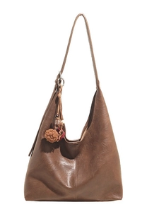 Brown large capacity vintage hobo shoulder bag with decorative beaded tassel pendant