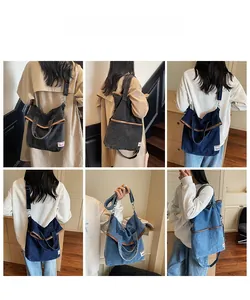 Detail view of retro denim bucket bag with adjustable straps and leather trim accents