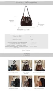 Detailed dimension chart and specifications for the retro brown PU leather bucket bag