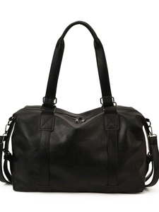 Minimalist large capacity black PU leather tote bag with sturdy handles on white background