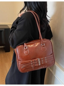 Retro caramel brown faux leather large shoulder tote bag with silver decorative buckles