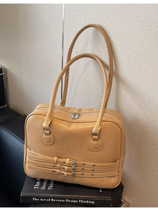 Retro khaki Boston shoulder bag with triple decorative buckles and silver zipper closure