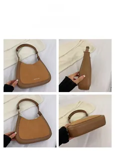Vues détaillées du sac croissant marron avec un mélange de textures lisse et suède