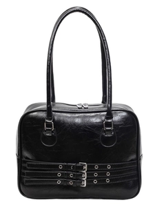 Retro black high-gloss shoulder bag with silver eyelet straps and large capacity