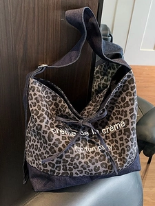 Women Large Capacity Leopard Print Denim Patchwork Tote Bag Casual Canvas Crossbody Bag With Bow Knot And Letter Print