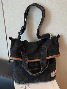 Women Large Capacity Denim Tote Bag Vintage Washed Jeans Shoulder Crossbody Bag With Leather Trim Casual Commuting Handbag