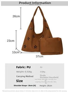 Detailed size specifications for hollow faux suede tote bag and inner pouch