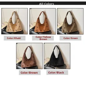 Detail view of suede tote bags featuring floral laser-cut patterns in five stylish colors