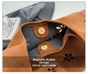 Close-up of brown suede tote bag featuring hollow flower patterns and magnetic snap closure