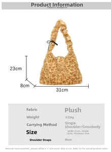 Detailed view of leopard print plush tote bag showing size specs and bow detail