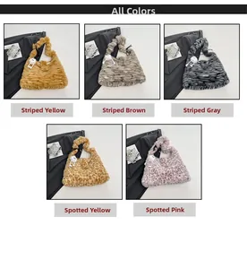 Variety of plush faux fur shoulder bags in striped and spotted patterns with charms