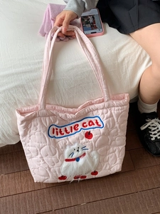 Pink heart quilted canvas tote bag with 3D cat patch and little cat embroidery