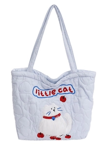 Light blue quilted canvas tote bag with heart patterns and cute cat embroidery