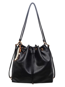 Minimalist black drawstring bucket bag with wooden beads and versatile dual straps