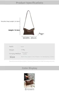 Detailed size chart for leopard print suede crossbody bag with 20cm width and adjustable strap