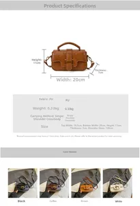 Detailed size specifications for a retro crossbody bag weighing 0.33kg in multiple colors